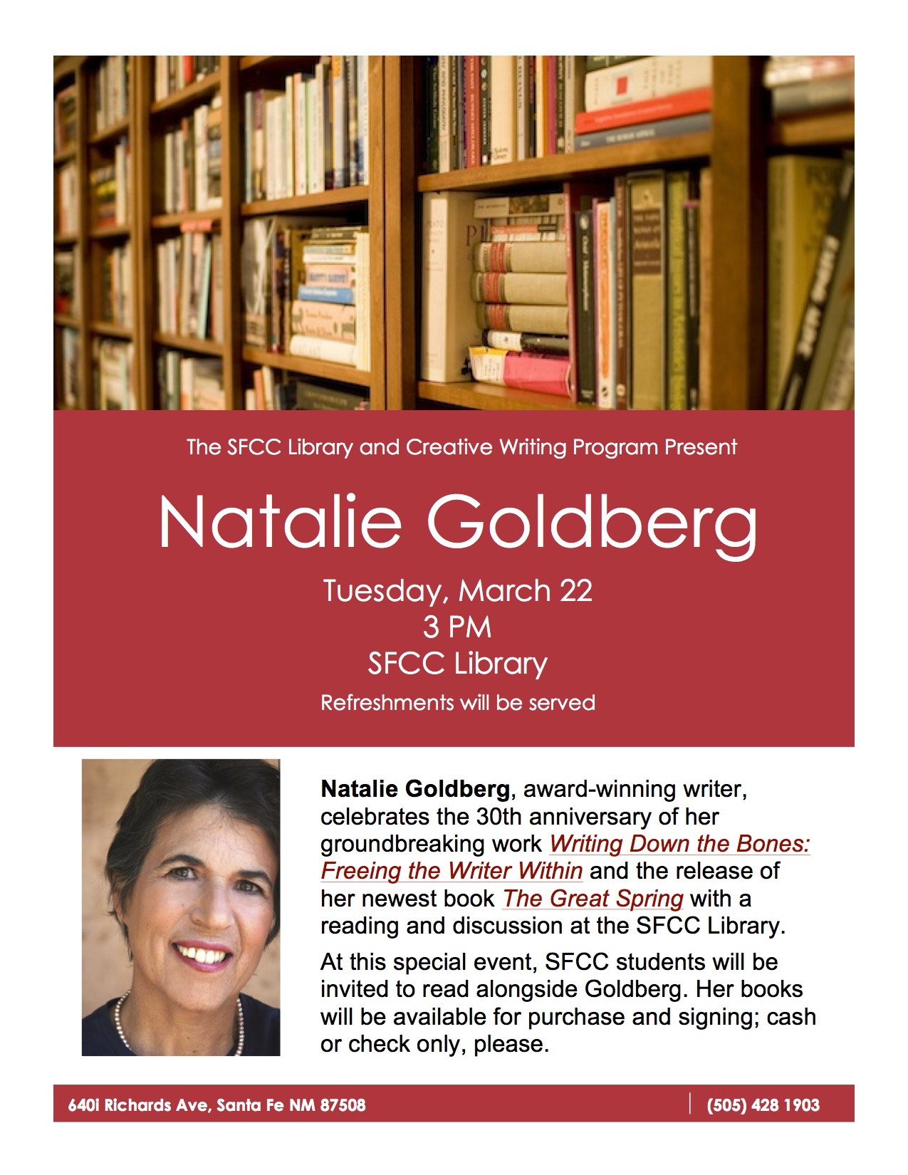 Natalie Goldberg at SFCC | Tuesday, 3/22, 3 PM | SFCC Library | Free